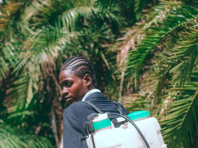 Pest control technician spraying a backyard with a backpack sprayer